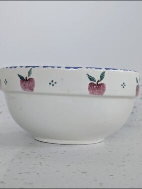 Vintage White Ceramic Mixing Bowl with Pink Apple Motif Crock Shop USA